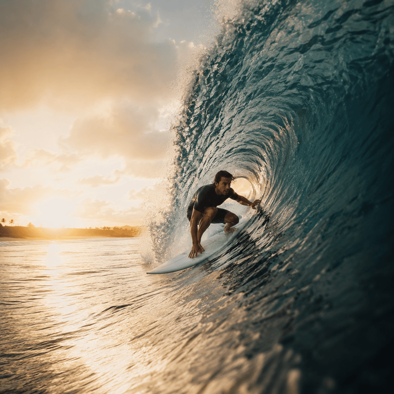 Surfista en barrel con golden hour